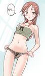  a adjusting_clothes adjusting_panties blush hard_translated iron_cross long_hair minna-dietlinde_wilcke navel open_mouth panties red_eyes red_hair sano_toshihide strike_witches striped striped_panties translated tubetop underwear 