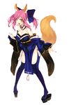  1girl animal_ears bad_hands bare_shoulders black_legwear bow breasts cleavage clog_sandals detached_sleeves fate/extra fate_(series) fox_ears fox_tail hair_bow japanese_clothes large_breasts open_mouth pigeon-toed pink_hair simple_background smile solo standing tail tamamo_(fate)_(all) tamamo_no_mae_(fate) thighhighs yellow_eyes 