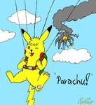  airplane explosion male nintendo parachute paws pikachu pok&#233;mon pok&eacute;mon smile smoke solo unknown_artist video_games 