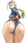  antenna_hair ass ass_focus back_cutout bad_id bad_pixiv_id beret blonde_hair blue_eyes blue_leotard bombomb25 braid breasts cammy_white covered_nipples gloves hat highres leotard long_hair looking_back medium_breasts open_mouth street_fighter sweatdrop thong_leotard twin_braids twintails 