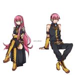  1girl bad_id bad_pixiv_id black_legwear boots crossed_legs detached_sleeves dual_persona genderswap genderswap_(ftm) headphones long_hair megurine_luka megurine_luki pants pink_hair short_hair sitting skirt sora_05 thighhighs vocaloid 