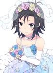  black_eyes black_hair bouquet bridal_veil choker dress elbow_gloves flower gloves idolmaster idolmaster_(classic) idolmaster_2 kikuchi_makoto ohlala rose short_hair solo veil wedding_dress 