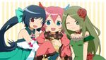  bare_shoulders black_hair blue_eyes blue_hair bow charlotte_(madoka_magica) detached_sleeves dress flower gertrud_(madoka_magica) green_hair h.n.elly_(kirsten) hair_bow hair_ornament long_hair magical_girl mahou_shoujo_madoka_magica multiple_girls one_eye_closed personification pink_hair red_eyes rose short_hair sleeves_past_wrists twintails yunare 