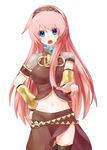  belt black_legwear blue_eyes detached_sleeves headband long_hair megurine_luka midriff navel open_mouth pink_hair sayuri_(xxxsayurixxx) skirt solo thighhighs vocaloid 