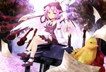  animal_ears ayagi_daifuku bandages beamed_eighth_notes bird blood blouse breasts cleavage crossed_legs feathers flower half_note hat injury instrument light_smile musical_note mystia_lorelei piano pink_flower pink_hair pink_rose quarter_note red_eyes rose sheet_music short_hair sitting skirt small_breasts solo touhou tree vest violin wings 