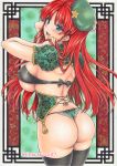  1girl ass back beret black_legwear blue_eyes blush_stickers bow bow_panties breasts colored_pencil_(medium) commentary_request cowboy_shot erect_nipples floral_print from_behind green_panties hat hong_meiling huge_ass large_breasts long_hair panties puffy_short_sleeves puffy_sleeves red_hair revealing_clothes sano_(chacapoco37) short_sleeves shrug_(clothing) side_braids sideboob skindentation solo standing star_hat_ornament strapless thighhighs thong touhou traditional_media tubetop underwear 