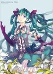  detached_collar elbow_gloves flower frills gloves green_eyes green_hair hair_ribbon hatsune_miku long_hair moyuvvx ribbon skirt smile solo twintails very_long_hair vocaloid 