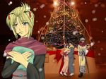  blonde_hair blush christmas christmas_tree couple fishnets gintama hug japanese_clothes kimono pipe purple_eyes sakata_gintoki scar scarf snowing tsukuyo white_hair 