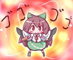  arm_up blush bow brown_hair cape chibi fire green_bow hair_bow long_hair maitora mismatched_footwear reiuji_utsuho skirt smile solo touhou wings 