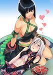  alisa_ilinichina_amiella armband black_hair blue_eyes bob_cut breasts cleavage dress fingerless_gloves gloves god_eater god_eater_burst grey_hair hat heart large_breasts layla_(suptomat) multiple_girls navel pantyhose plaid red_eyes short_hair skirt tachibana_sakuya_(god_eater) yuri 