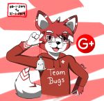  2019 anthro canid canine canis clothed clothing digital_media_(artwork) dog ferret fur google+ hair happy jose-497 logo looking_at_viewer male mammal mustelid open_mouth red_eyes simple_background smile solo standing 