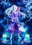  absurdres axe barefoot bell campanella cherry_blossoms full_body hair_ribbon hakama highres japanese_clothes kimono lamp long_hair oni_mask original ponytail purple_eyes purple_hakama ribbon silver_hair smile solo standing standing_on_liquid tree water weapon 