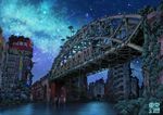  bridge building city dark night no_humans overgrown palm_tree plant post-apocalypse post-apocalyptic ruins scenery sky star stars tokyo_(city) tokyogenso tree water 