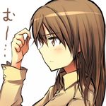  adjusting_hair bangs blush brown_eyes brown_hair gertrud_barkhorn hair_down long_hair lowres simple_background solo strike_witches translated tsuchii_(ramakifrau) world_witches_series 