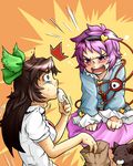  2girls angry animal_ears bag brown_eyes brown_hair cat cat_ears face highres kaenbyou_rin kaenbyou_rin_(cat) komeiji_satori long_hair multiple_girls mutsuki_(tsugaidanuki) purple_eyes purple_hair red_eyes reiuji_utsuho ribbon tears touhou wide-eyed 