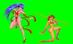  2girls ass big_breasts blue_hair breasts brown_hair choujin_gakuen_gowcaizer game gowcaizer hishizaki_shaia karin_son large_breasts lowres multiple_girls nipples oobari_masami panties pixel_art snk son_karin sprite stick technos thong underwear voltage_fighter_gowcaizer 