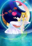  back_bow bare_shoulders bishoujo_senshi_sailor_moon blonde_hair blue_eyes bow crescent_moon double_bun dress flower full_body full_moon gown hair_ornament hairpin heart highres huge_bow long_hair moon princess princess_serenity red_flower red_rose rose sitting smile solo space star_(sky) tsukino_usagi twintails utagedoki water 