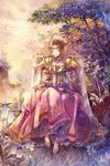  armor armored_dress bellflower breastplate breasts brown_hair cleavage closed_eyes cu-rim double_bun dress flower grass highres landscape light_smile long_dress long_sleeves medium_breasts original outdoors pauldrons pink_dress scenery see-through shoes sitting solo tree 