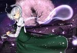  ascot black_hairband blue_eyes cherry_blossoms cloudy.r dress_shirt ghost hairband highres hitodama katana konpaku_youmu konpaku_youmu_(ghost) night one_eye_closed petals scabbard sheath sheathed shirt short_hair silver_hair skirt solo sword touhou tree unsheathing vest weapon 