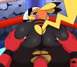  2019 anthro big_butt blush butt cleft_tail clothed clothing colored cosplay_pikachu digital_media_(artwork) duo female fur incineoar looking_at_viewer mammal mask nintendo open_mouth penetration pikachu pikachu_libre pok&eacute;mon pok&eacute;mon_(species) rodent shaded smile thick_thighs tongue torn_clothing video_games yellow_fur zieis 