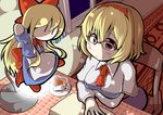  alice_margatroid ascot bespectacled blonde_hair blue_eyes blush_stickers book bow cup doll glasses hair_bow hairband heart highres lamp long_hair roah shanghai_doll sitting solo table tea teacup tears touhou 