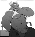  abs alcohol beverage bovine clothed clothing clothing_lift erection gyumao horn huger_smot male mammal muscular muscular_male navel nipples open_pants pecs penis shirt shirt_lift tokyo_afterschool_summoners tongue tongue_out underwear video_games wine 
