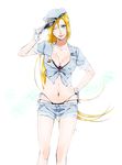  blonde_hair blue_eyes breasts cleavage facial_mark female genderswap gloves gradient gradient_background hand_on_hip hat hips kimidake long_hair midriff mkhkn naruko naruto navel panties short_shorts shorts side-tie_panties smile solo standing underwear uniform unzipped uzumaki_naruto very_long_hair white_background wink 