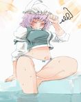  bow breasts closed_eyes curvy eyebrows hair_bow hat hips hot iroyopon large_breasts lavender_hair letty_whiterock midriff mouth_hold navel no_pants panties pool poolside soaking_feet solo sweat thick_eyebrows touhou underwear water white_panties wide_hips 