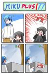  &gt;_&lt; 2girls 4koma :&lt; :d ? animal_ears black_dress black_hair blue_eyes blue_hair cat_ears cat_tail catstudioinc_(punepuni) closed_eyes comic dress fish flapping highres jumping kaito kuro_(miku_plus) long_hair multiple_girls o_o open_mouth original pants pointing puni_(miku_plus) red_eyes red_hair scarf shirt silent_comic smile surprised tail thai tree vocaloid wall white_dress |_| 