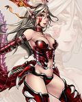  armor bad_id bad_pixiv_id bare_shoulders breasts choker cleavage collarbone dragon_girl dragon_tail elf hair_ornament kotobuki_ryou large_breasts lips monster_girl navel original pointy_ears red_eyes scales silver_hair solo tail thighhighs zoom_layer 