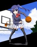  basketball blue_eyes blue_hair character_request long_hair ogiyama_aoi ponytail ro-kyu-bu! rou-kyuu-bu! school_uniform skirt smile solo thighhighs zettai_ryouiki 