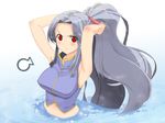  &gt;:) adjusting_hair arksign armpits arms_up breasts covered_nipples grey_(arksign) grey_hair kimura_shigetaka large_breasts long_hair midriff ponytail red_eyes sigh signature silver_hair smile solo v-shaped_eyebrows very_long_hair wading water 