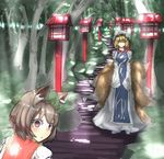  animal_ears bad_id bad_pixiv_id brown_hair cat_ears chen closed_eyes dennou_switch earrings forest fox_tail hat jewelry lantern looking_back multiple_girls multiple_tails nature red_eyes sketch sleeves_past_wrists stairs sunlight tail touhou tree wooden_lantern yakumo_ran 