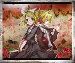  blonde_hair boy female flower girl kagamine_len kagamine_rin knife music petals rose roses tears vocaloid 