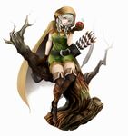  apple arrow bare_tree belt boots bow_(weapon) braid cloak dragon's_crown elf elf_(dragon's_crown) food fruit gloves highres open_mouth orange_eyes pointy_ears quiver shorts simple_background sitting solo ten_(k1208) thigh_boots thighhighs tree twin_braids weapon white_hair 