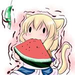  animal_ears blonde_hair cat_ears cat_tail chibi eating extra_ears food fruit holding holding_food holding_fruit hoshizuki_(seigetsu) kemonomimi_mode mizuhashi_parsee open_mouth puru-see solo tail touhou trembling watermelon |_| 