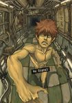  bar_censor censored clenched_teeth foreshortening highres male_focus ncvg nude original red_eyes red_hair solo teeth tile_floor tiles 