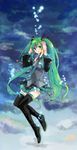  boots catin detached_sleeves green_eyes green_hair hand_on_ear hatsune_miku long_hair necktie skirt smile solo thigh_boots thighhighs twintails very_long_hair vocaloid 