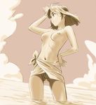  bob_cut breasts clothes_around_waist cloud copyright_request francine_(daijaemon) from_below hand_behind_head hand_on_hip horizon loincloth looking_away medium_breasts monochrome navel nipples ocean sepia shirt_around_waist short_hair solo thigh_gap topless wading water wind 