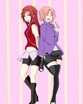  2girls basara2 bike_shorts black_legwear cosplay costume_switch eyes_closed glasses haruno_sakura highres karin_(naruto) leg_lift long_hair mound_of_venus multiple_girls naruto naruto_shippuuden navel pink_hair red_eyes red_hair short_hair short_shorts shorts standing thighhighs 