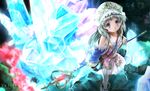  atelier_(series) atelier_totori blue_eyes blue_sleeves blush boots collarbone crystal detached_sleeves flat_chest hat long_hair looking_at_viewer scarlet_(studioscr) see-through silver_hair solo staff standing totooria_helmold 