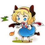  1girl alice_margatroid bad_id bad_pixiv_id blonde_hair blue_eyes blush_stickers breathing_fire capelet chibi demon_tail dress fang fire flame frills hairband horns katsudansou open_mouth solo sweatdrop tail touhou wings 