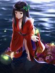  black_eyes black_hair breasts bug butterfly butterfly_hair_ornament cleavage fireflies hair_ornament hands insect japanese_clothes kagetsuki long_hair medium_breasts sengoku_taisen silk solo spider_web standing wading water 