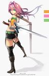  antenna_hair armlet bad_id bad_pixiv_id bare_shoulders belt bikini_top black_legwear blue_eyes boots bridal_gauntlets foreshortening gloves kotobuki_ryou long_hair looking_at_viewer original pink_hair scabbard shadow sheath short_shorts shorts single_glove solo standing sword thighhighs weapon 