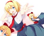  alice_margatroid blonde_hair blue_eyes blush bow breasts capelet doll dress fal_maro foreshortening hair_bow hairband large_breasts long_hair looking_at_viewer necktie no_nose one_eye_closed open_mouth outstretched_arm outstretched_hand sash shanghai_doll short_hair solo staring touhou 