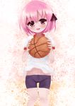  basketball bike_shorts gym_uniform midriff minato_tomoka open_mouth pink_eyes pink_hair ro-kyu-bu! rou-kyuu-bu! smile solo 