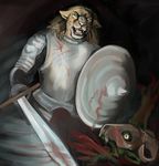  angry armor blood feline fight khajiit knight male mammal saeto15 shield skull sword the_elder_scrolls video_games warrior weapon 