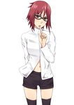  bangs black_legwear female glasses ichihisa karin_(naruto) kojiroad looking_at_viewer naruto naruto_shippuuden navel red_eyes red_hair short_hair short_shorts shorts simple_background solo standing thighhighs white_background 