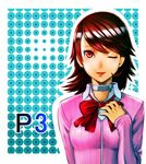  bow brown_hair choker earrings hand_on_own_chest highres jewelry lips o223 one_eye_closed persona persona_3 red_eyes school_uniform solo sweater takeba_yukari upper_body 