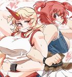  blonde_hair blush breasts eyebrows grin hair_bobbles hair_ornament heart horn hoshiguma_yuugi huge_breasts iroyopon multiple_girls muscle one_eye_closed onozuka_komachi open_clothes red_eyes red_hair smile sweat thick_eyebrows touhou two_side_up 